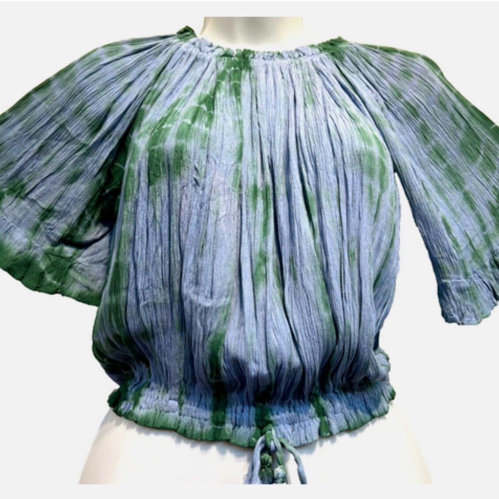 SACRED THREADS boho hippy tie dye smocked crinckled rayon crop TOP L